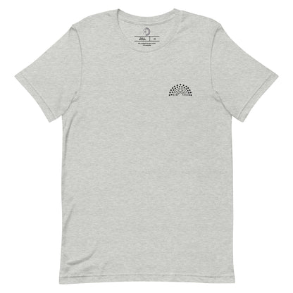 grey t-shirt with black pride rainbow embroidered on the left chest 