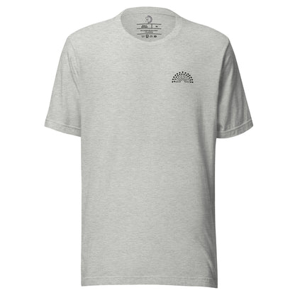 grey t-shirt with black pride rainbow embroidered on the left chest 