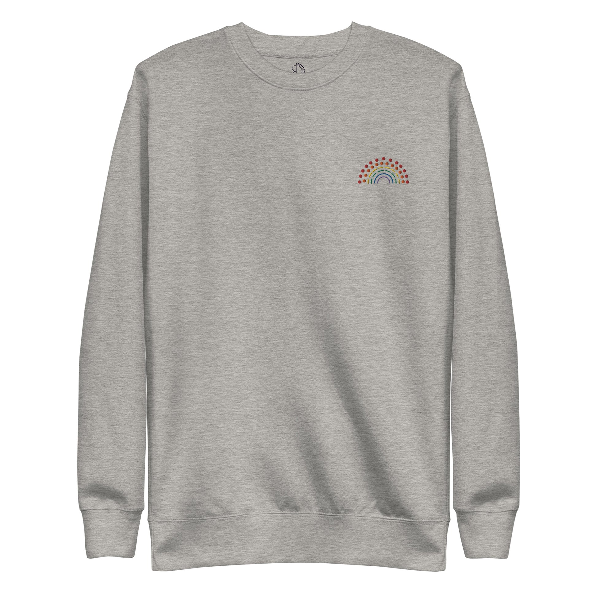 grey crewneck sweatshirt with multicolored pride rainbow embroidered on the left chest