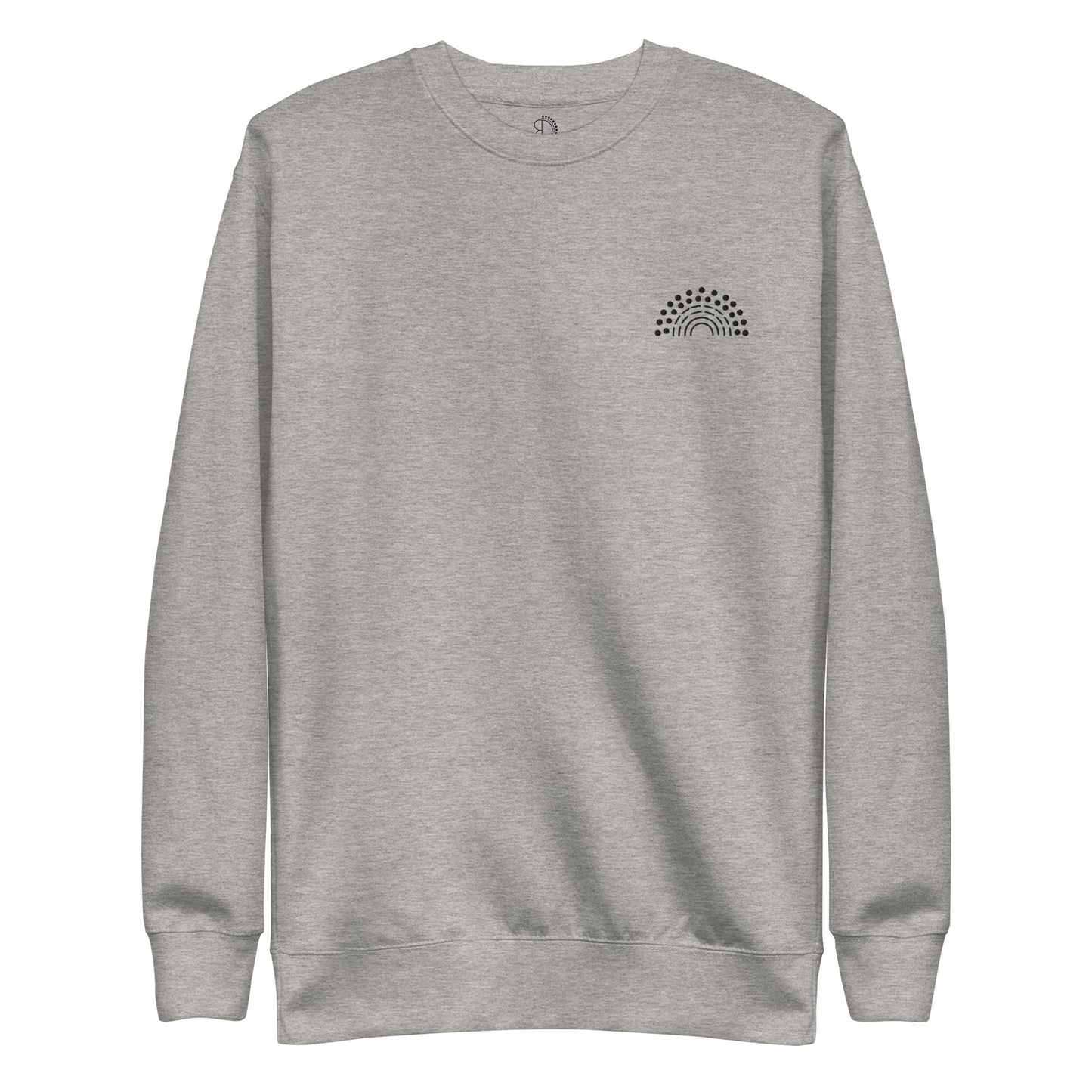 grey crewneck sweatshirt with black pride rainbow embroidered on the left chest