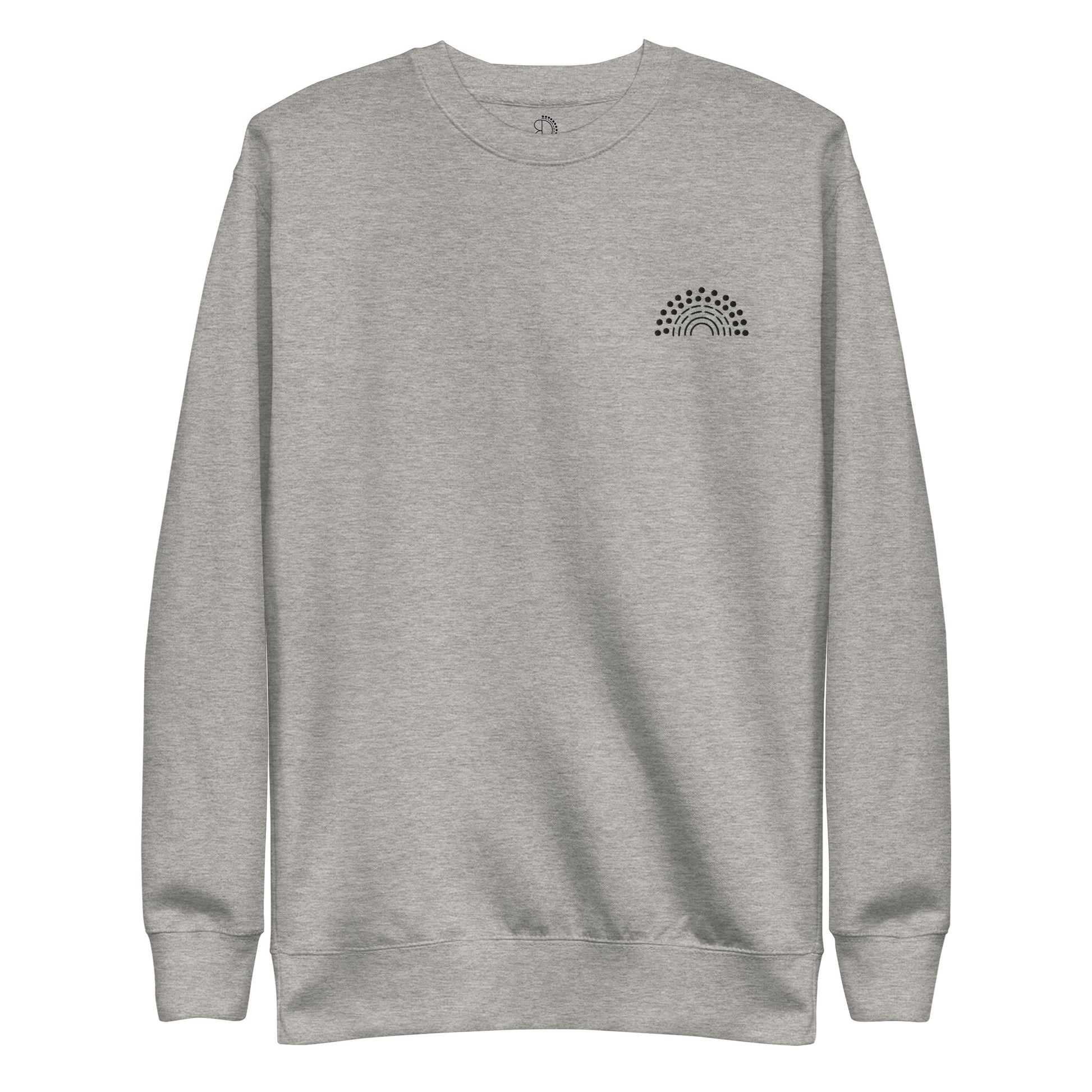 grey crewneck sweatshirt with black pride rainbow embroidered on the left chest