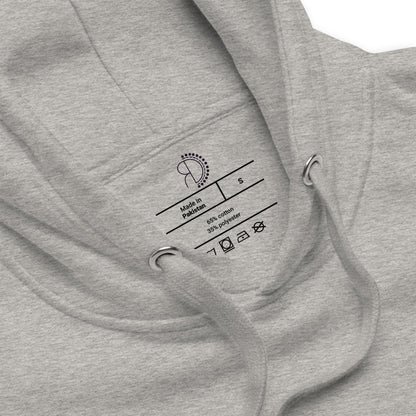 zoomed in image of grey hoodie sweatshirt featuring inside label with logo and product details