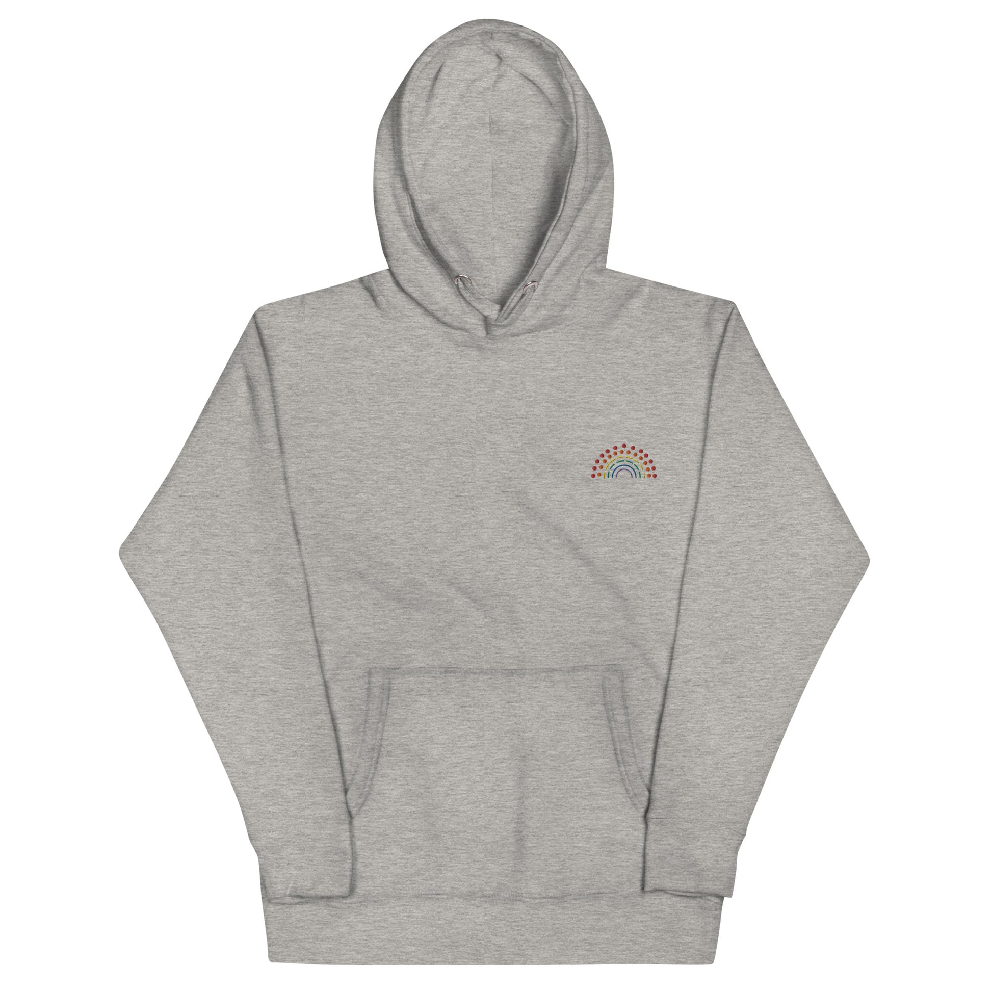 grey hoodie sweatshirt with multicolored pride rainbow embroidered on the left chest