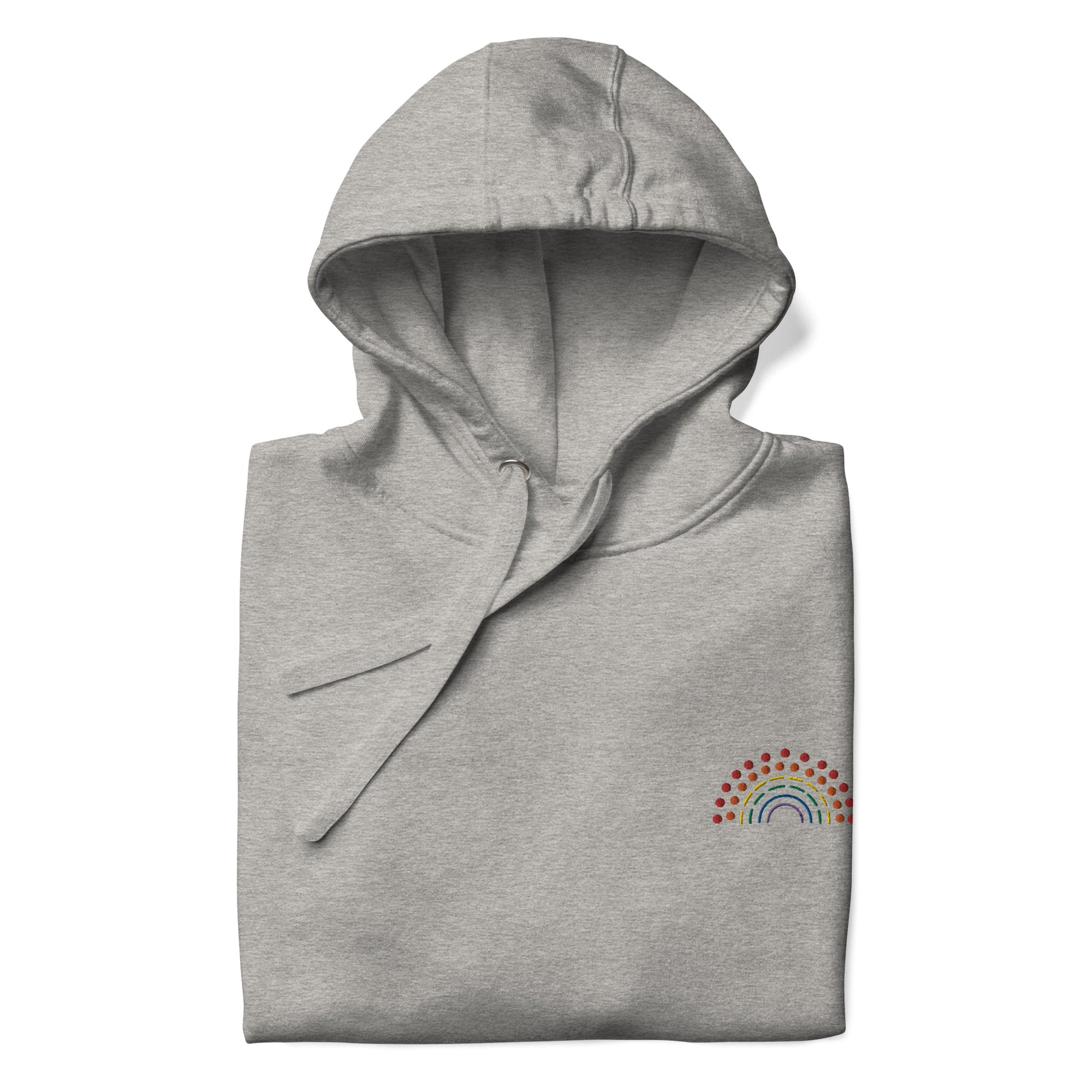 folded grey hoodie sweatshirt with multicolored pride rainbow embroidered on the left chest 