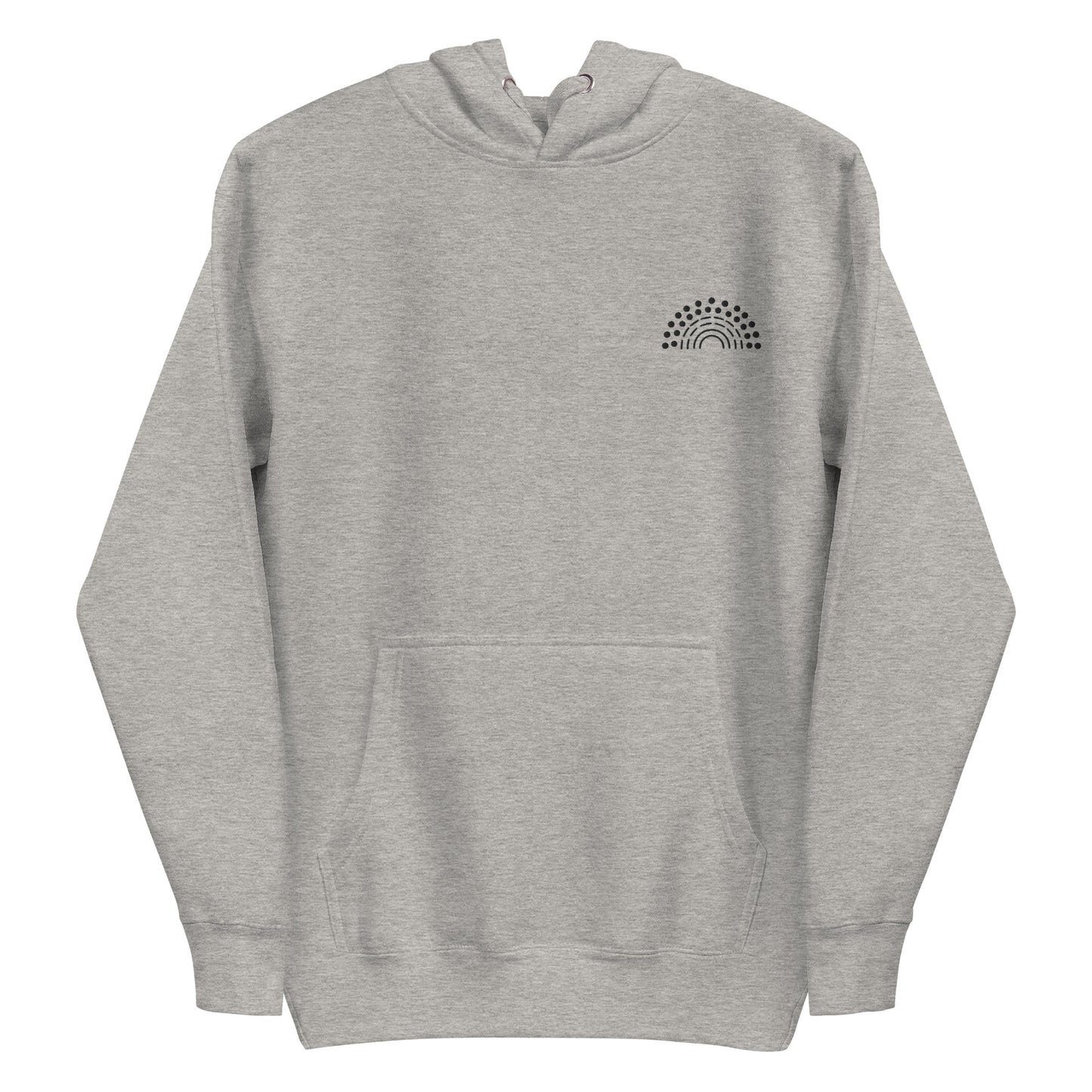 grey hoodie sweatshirt with black pride rainbow embroidered on the left chest