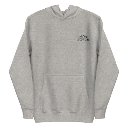 grey hoodie sweatshirt with black pride rainbow embroidered on the left chest