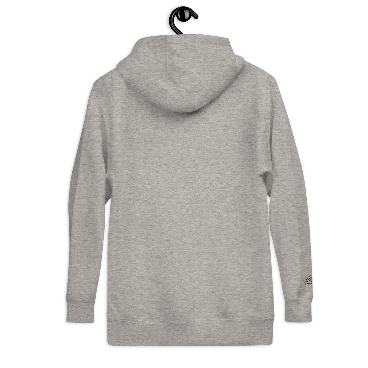 grey hoodie sweatshirt with black pride rainbow embroidered on the right wrist