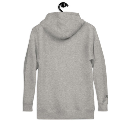 grey hoodie sweatshirt with black pride rainbow embroidered on the right wrist