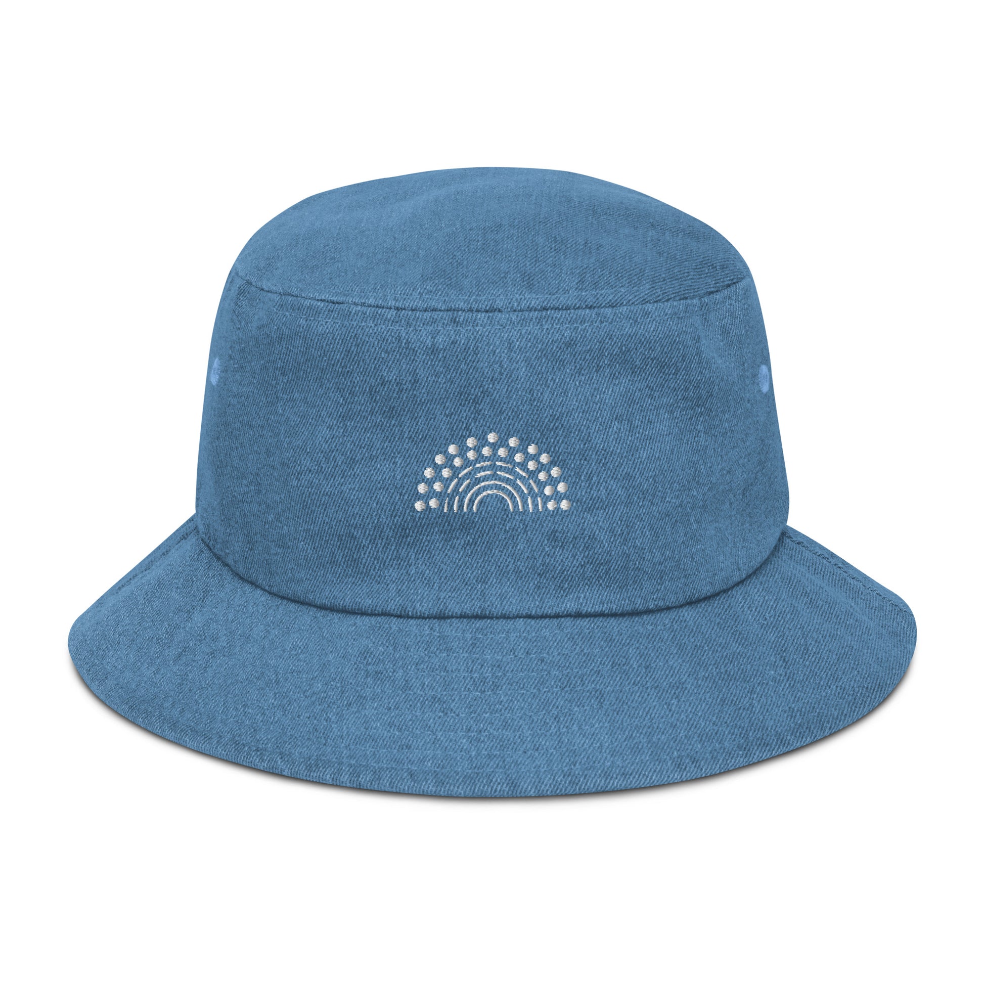 light blue denim bucket hat with white pride rainbow embroidered on center of the hat