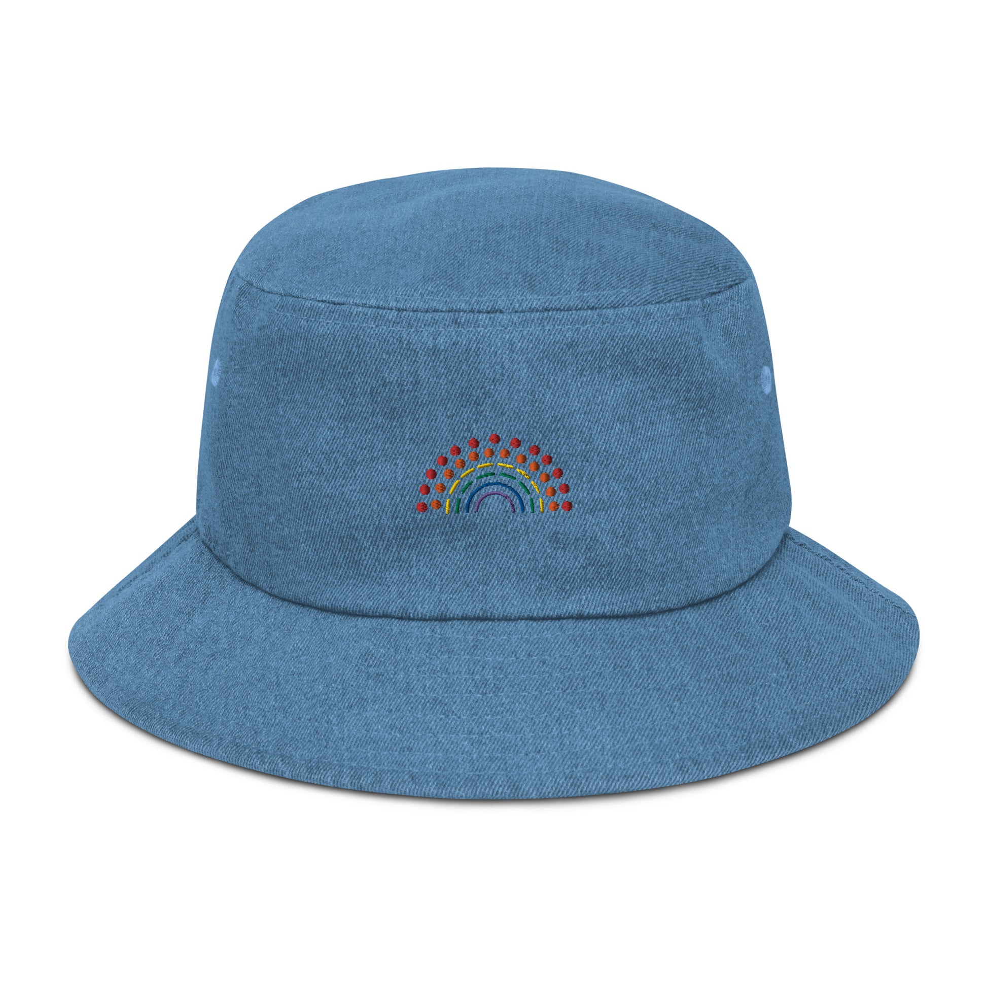 light blue denim bucket hat with multicolored pride rainbow embroidered on center of the hat