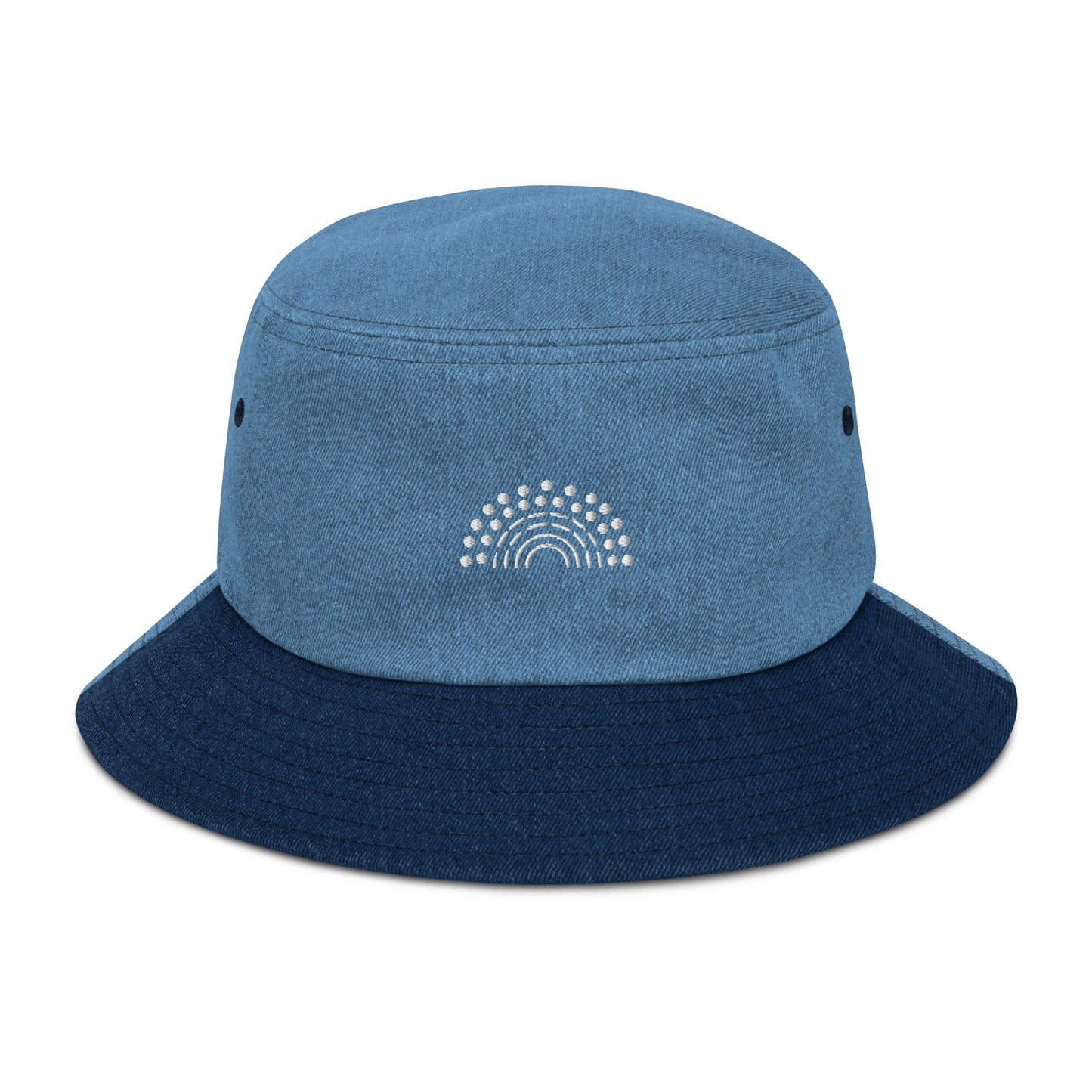 mixed denim bucket hat with white pride rainbow embroidered on center of the hat