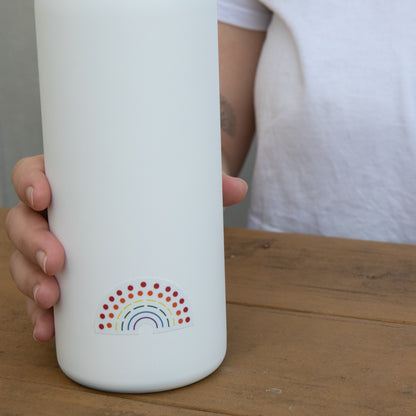 Zoomed in image of a water bottle with a multicolored pride sticker