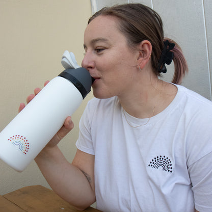 Person holding a water bottle with a multicolored pride sticker