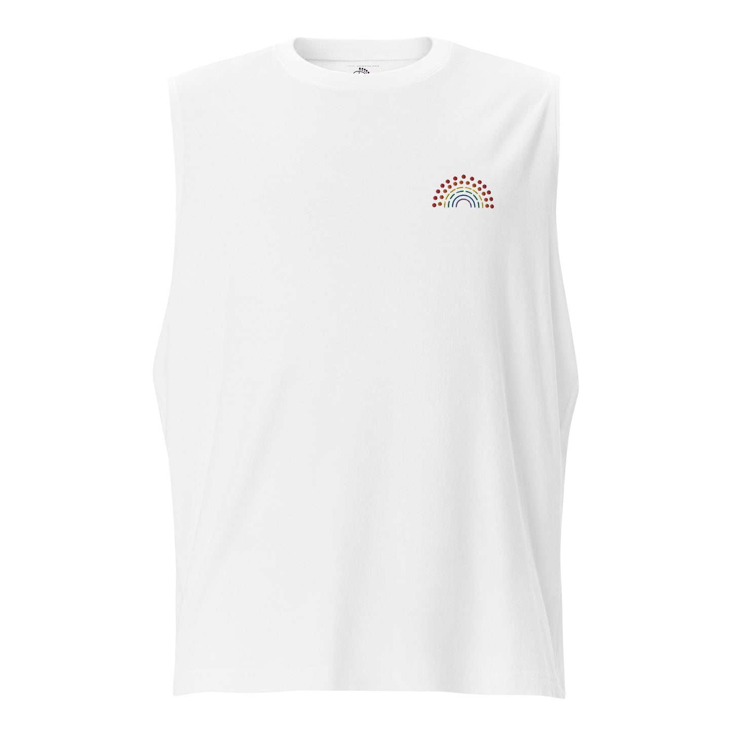 white muscle tank top with multicolored pride rainbow embroidered on the left chest 