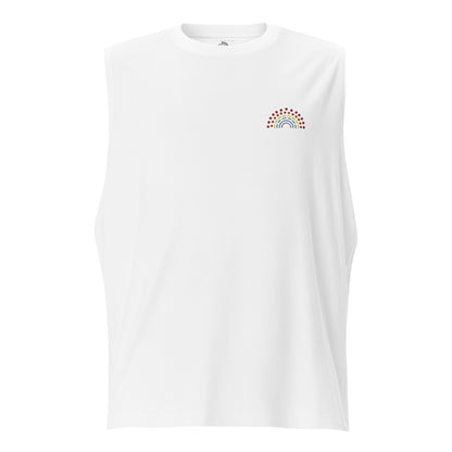 white muscle tank top with multicolored pride rainbow embroidered on the left chest 