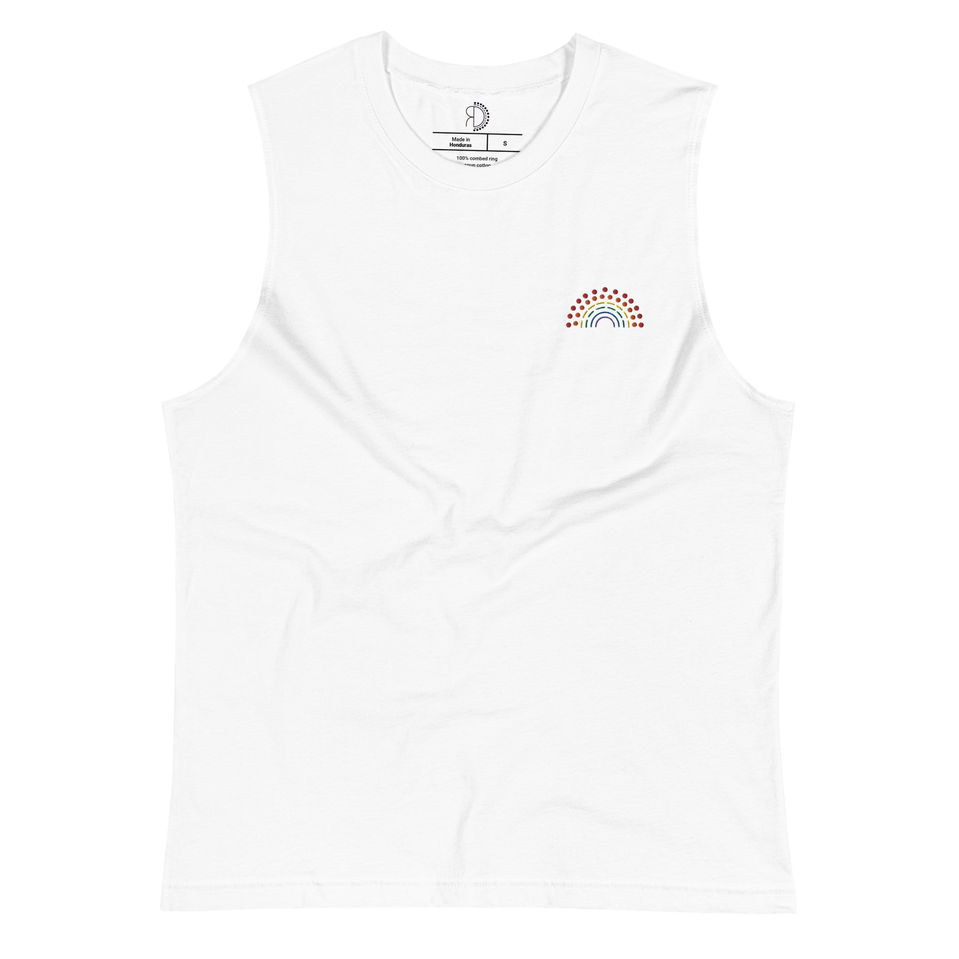 white muscle tank top with multicolored pride rainbow embroidered on the left chest 