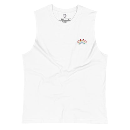 white muscle tank top with multicolored pride rainbow embroidered on the left chest 