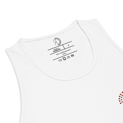 zoomed in image of white athletic tank top featuring inside label with logo and product details