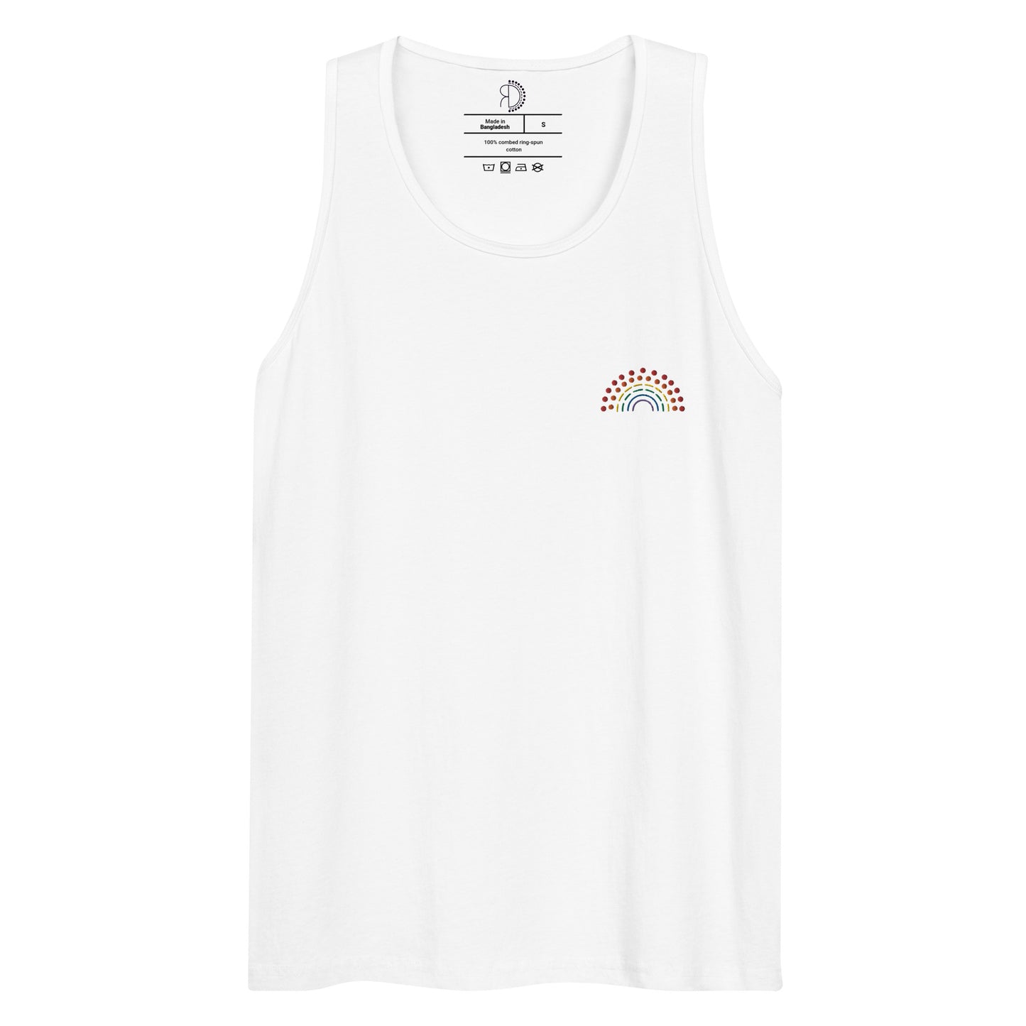 white athletic tank top with multicolored pride rainbow embroidered on the left chest 