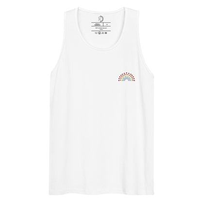 white athletic tank top with multicolored pride rainbow embroidered on the left chest 