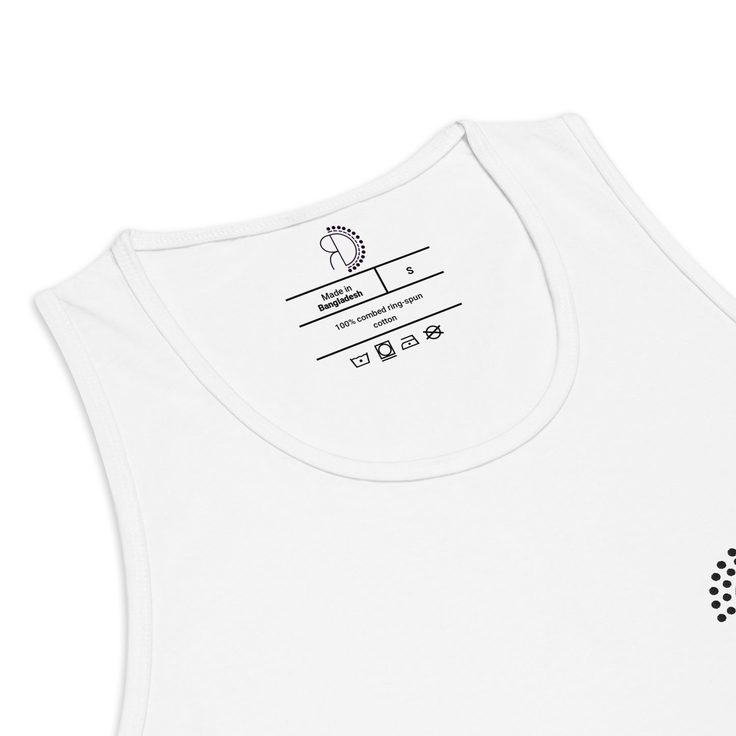 zoomed in image of white athletic tank top featuring inside label with logo and product details