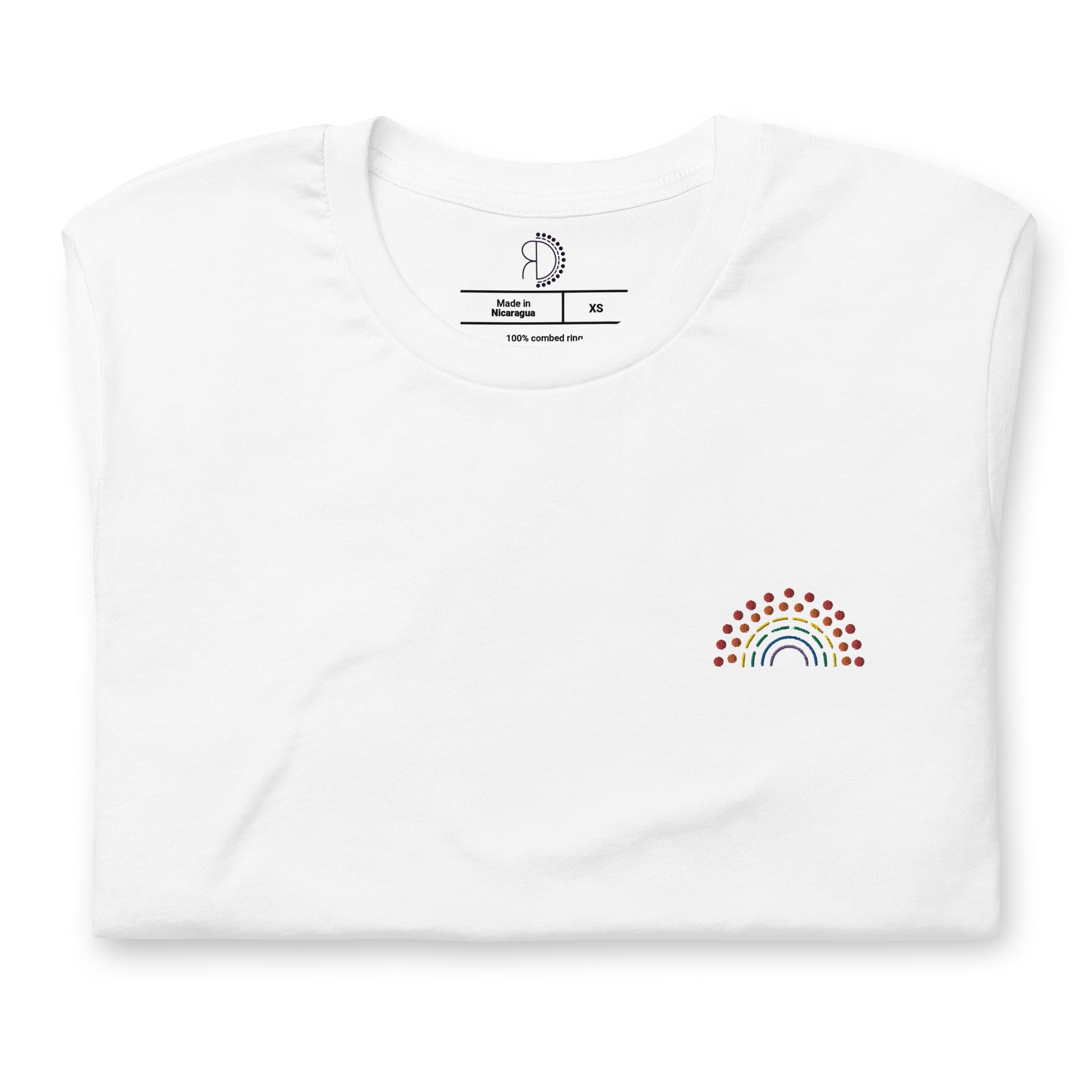 zoomed in image of white t-shirt featuring inside label with logo and product details