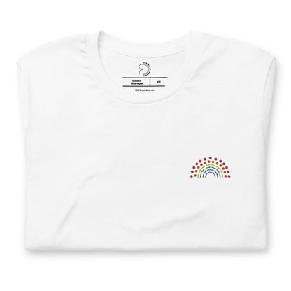 zoomed in image of white t-shirt featuring inside label with logo and product details