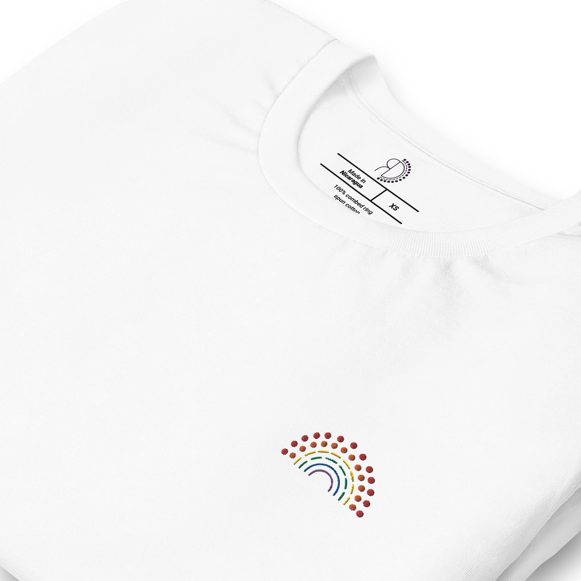 zoomed in image of white t-shirt featuring inside label with logo and product details