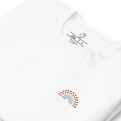 zoomed in image of white t-shirt featuring inside label with logo and product details