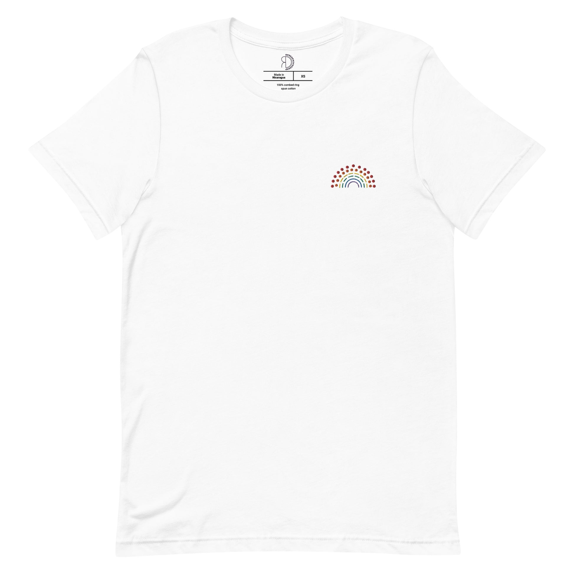 white t-shirt with multicolored pride rainbow embroidered on the left chest 