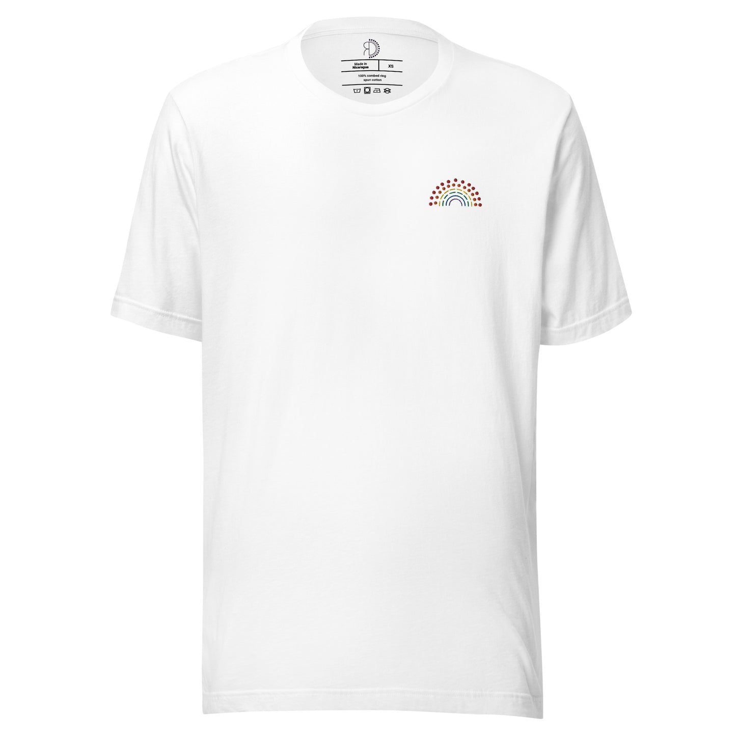 white t-shirt with multicolored pride rainbow embroidered on the left chest 