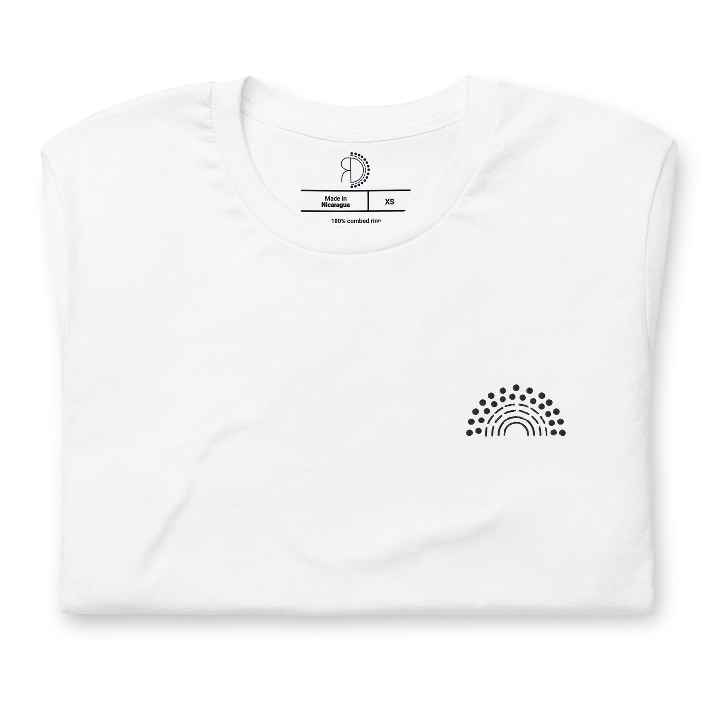 zoomed in image of white t-shirt featuring inside label with logo and product details