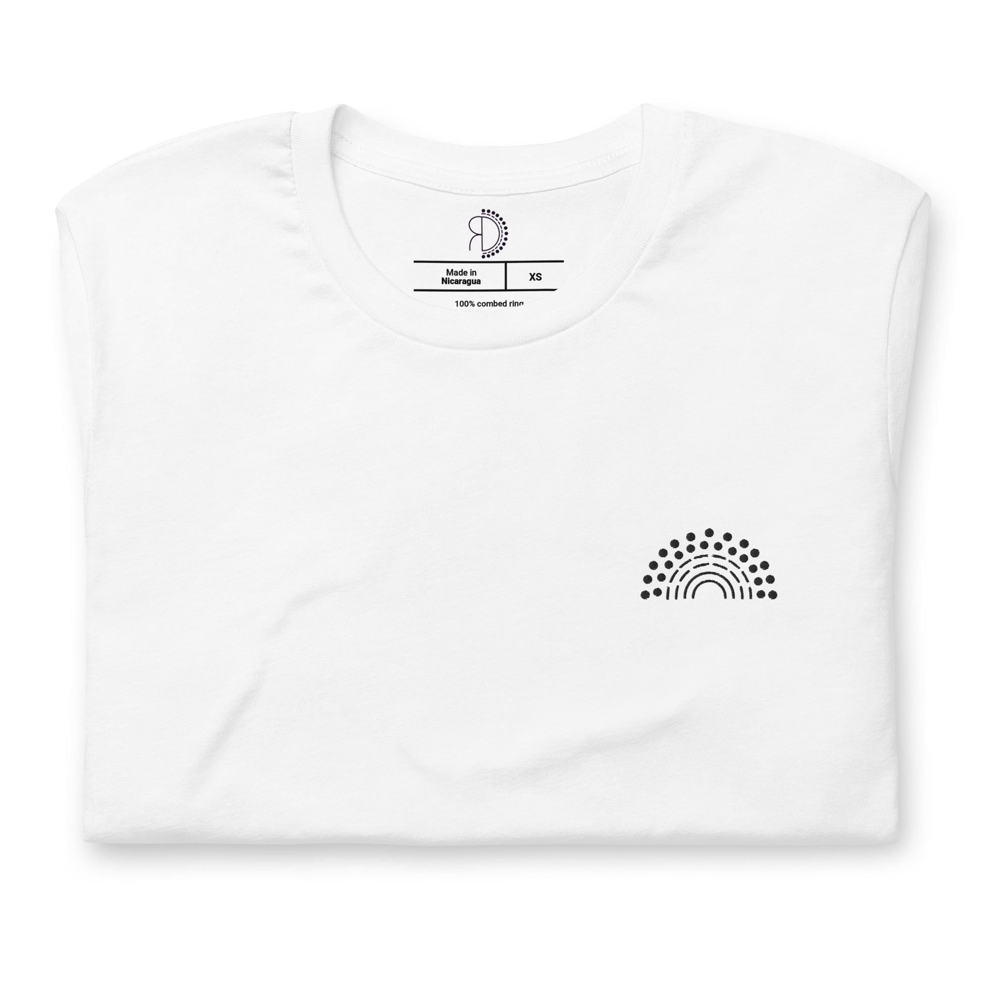 zoomed in image of white t-shirt featuring inside label with logo and product details