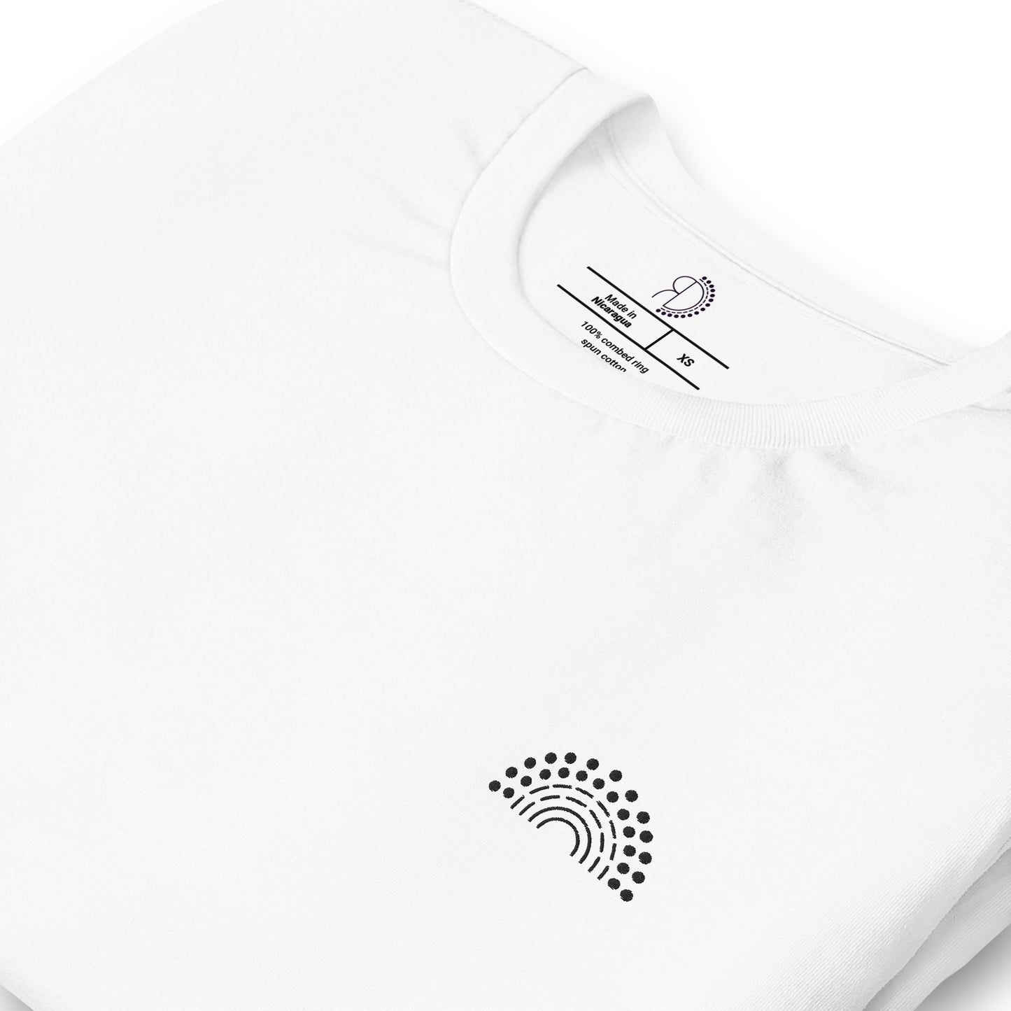 zoomed in image of white t-shirt featuring inside label with logo and product details