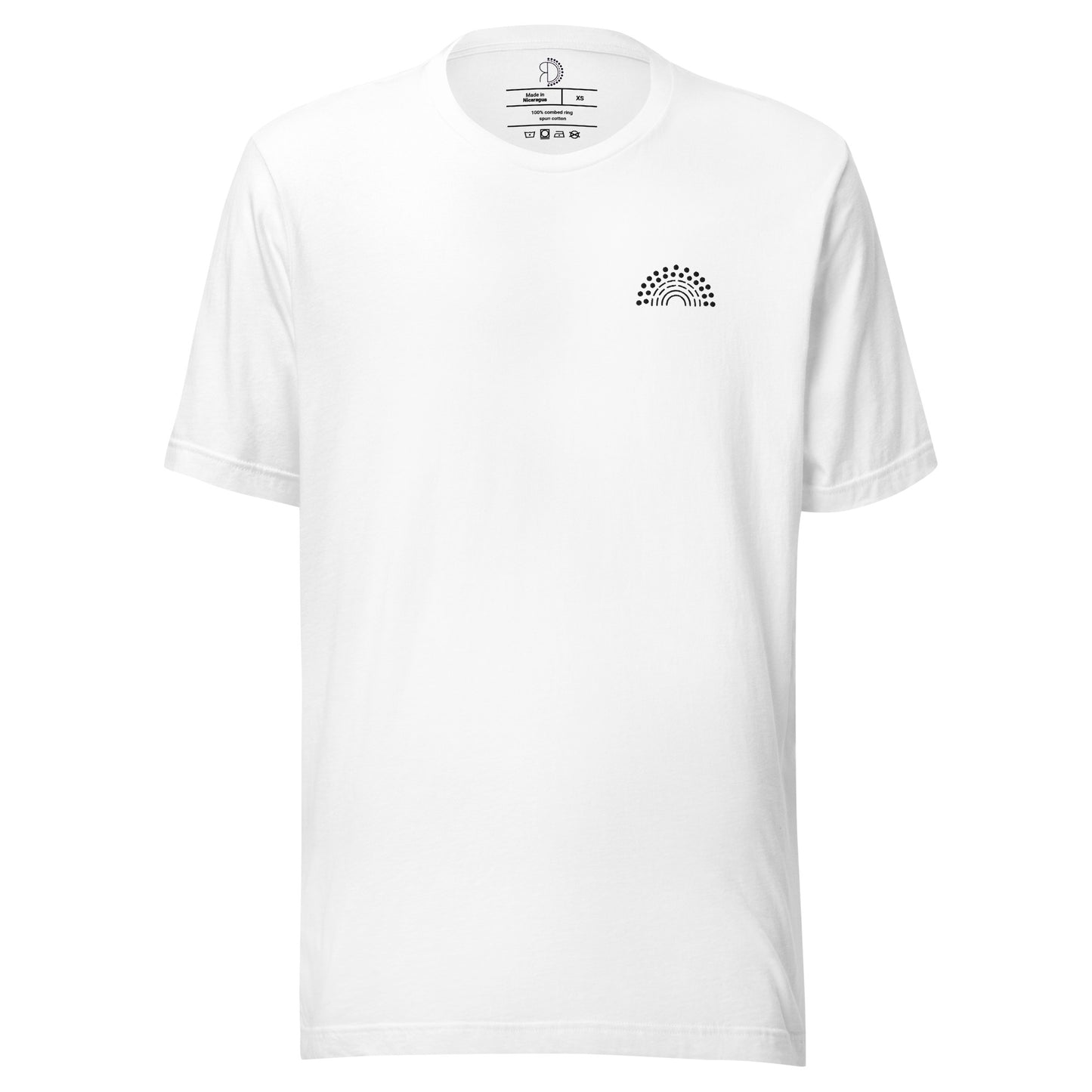 white t-shirt with black pride rainbow embroidered on the left chest 