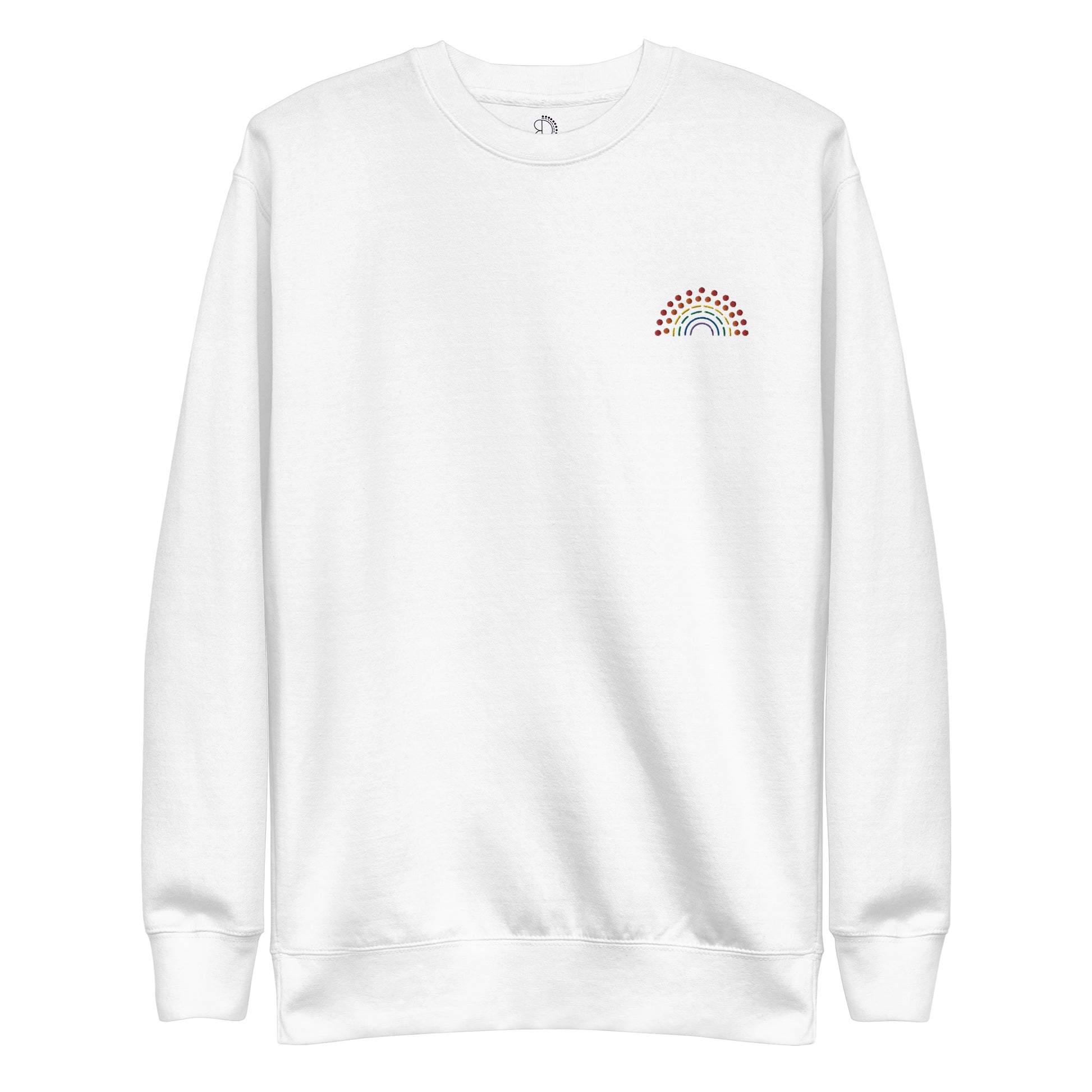 white crewneck sweatshirt with multicolored pride rainbow embroidered on the left chest