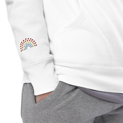 zoomed in image of person wearing a white crewneck sweatshirt with multicolored pride rainbow embroidered on the right wrist