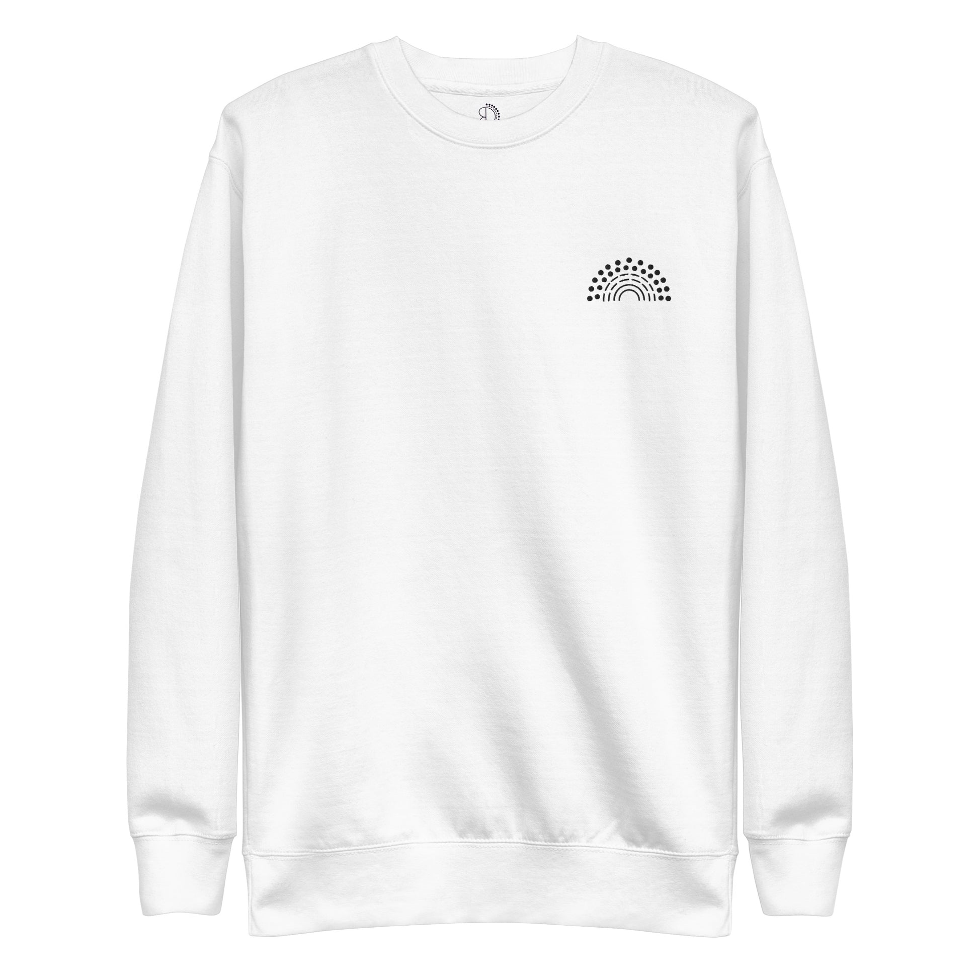 white crewneck sweatshirt with black pride rainbow embroidered on the left chest