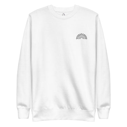 white crewneck sweatshirt with black pride rainbow embroidered on the left chest