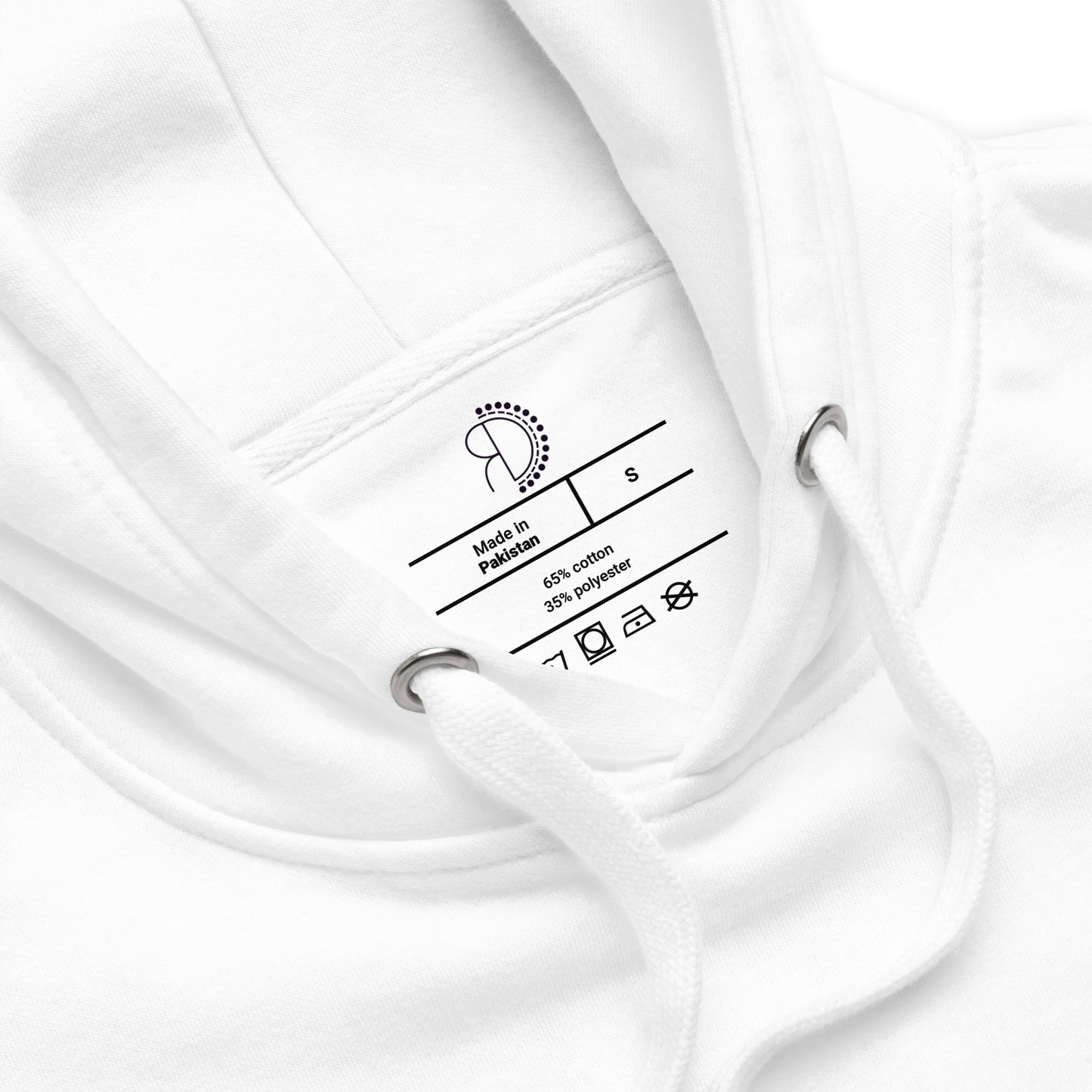 zoomed in image of white hoodie sweatshirt featuring inside label with logo and product details