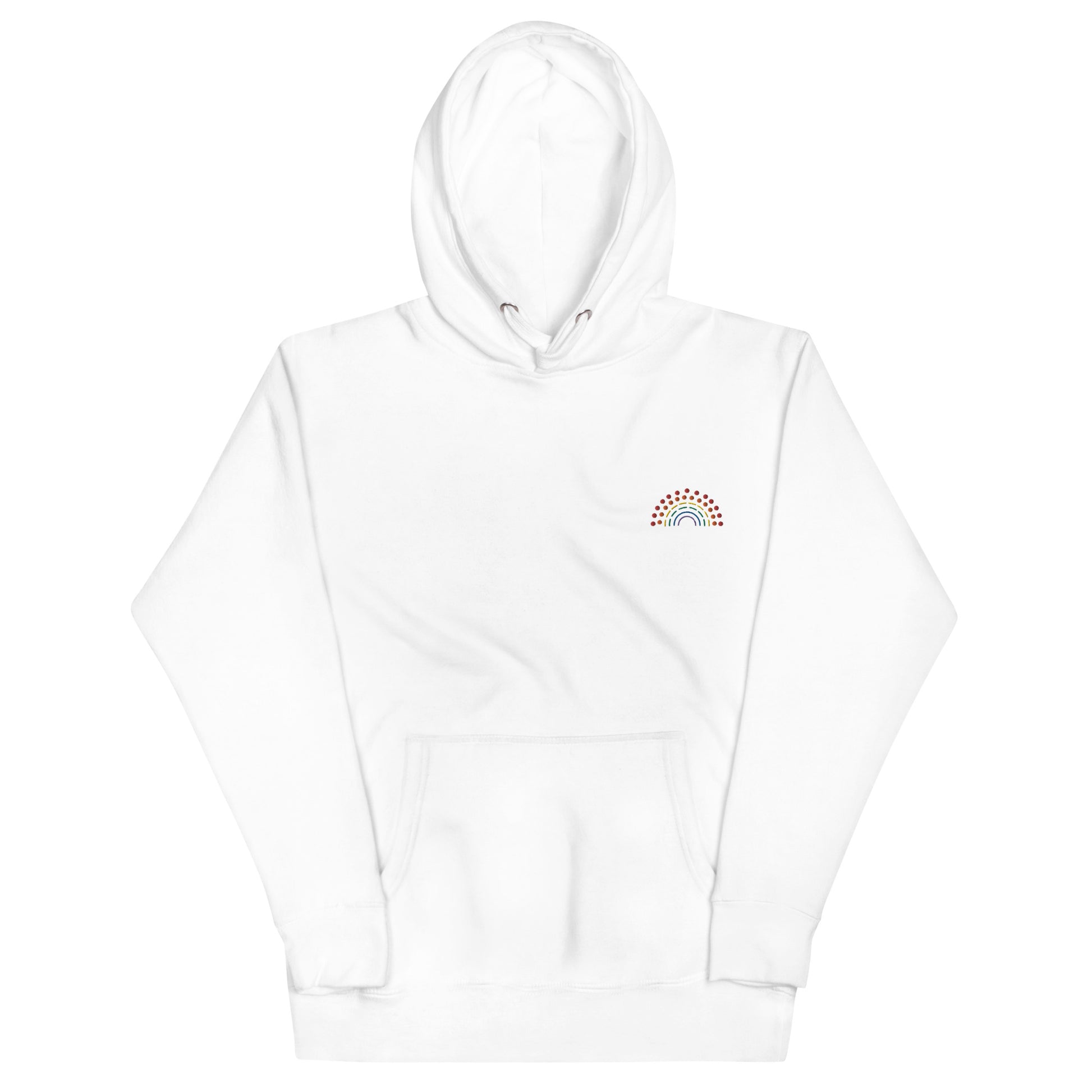 white hoodie sweatshirt with multicolored pride rainbow embroidered on the left chest