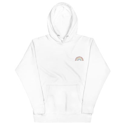 white hoodie sweatshirt with multicolored pride rainbow embroidered on the left chest