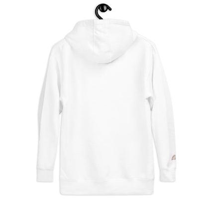 white hoodie sweatshirt with multicolored pride rainbow embroidered on the right wrist