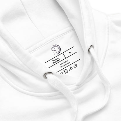 zoomed in image of white hoodie sweatshirt featuring inside label with logo and product details