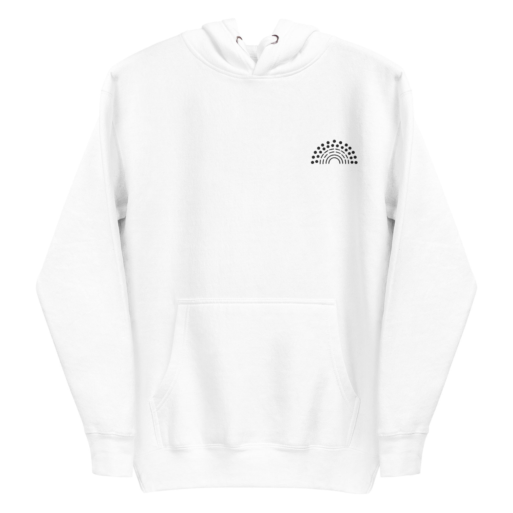 white hoodie sweatshirt with black pride rainbow embroidered on the left chest