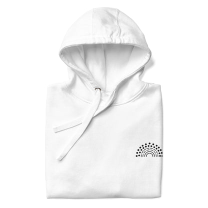 folded white hoodie sweatshirt with black pride rainbow embroidered on the left chest 