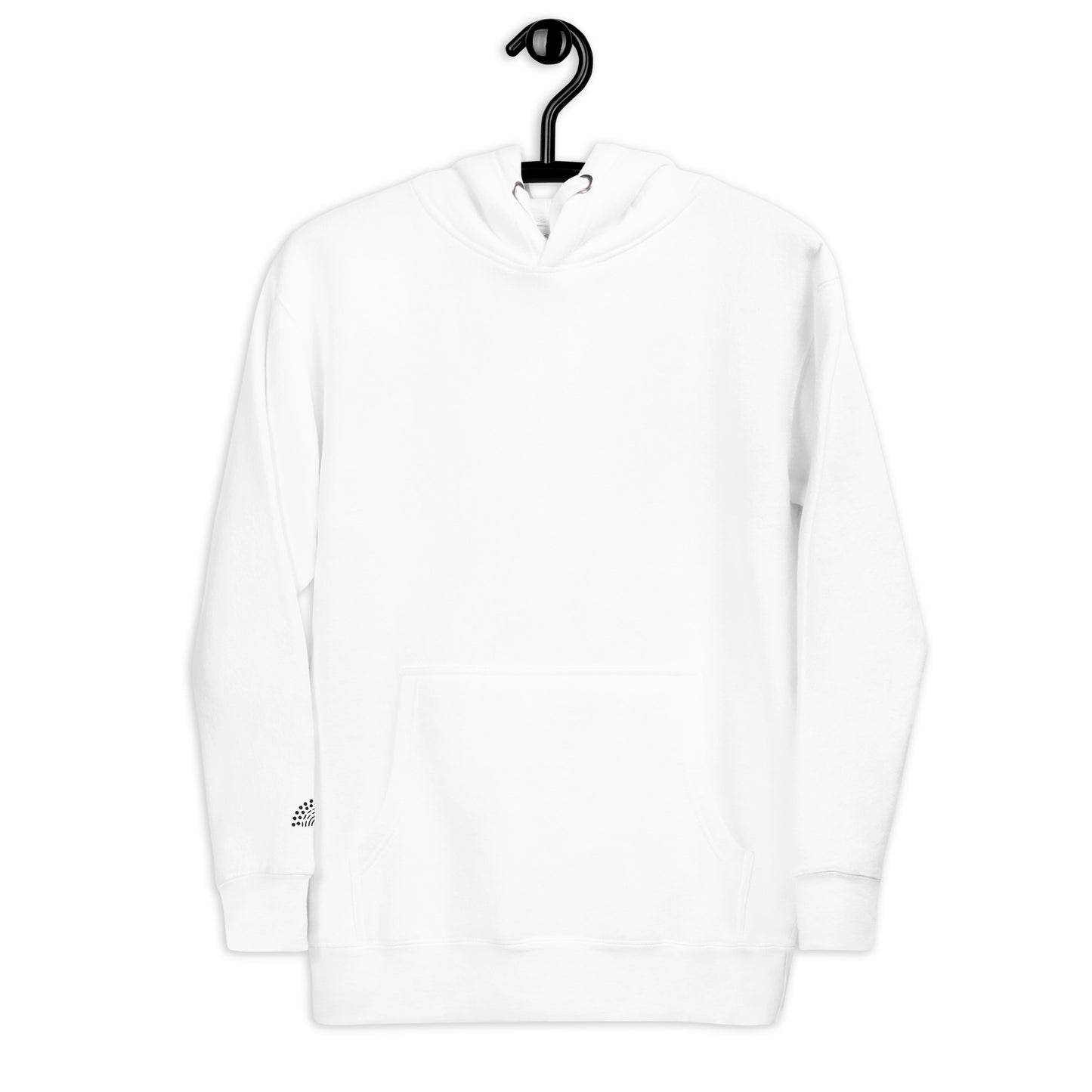 white hoodie sweatshirt with black pride rainbow embroidered on the right wrist