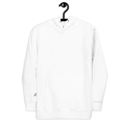 white hoodie sweatshirt with black pride rainbow embroidered on the right wrist