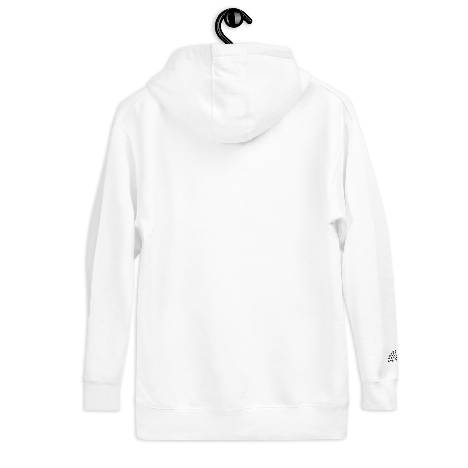 white hoodie sweatshirt with black pride rainbow embroidered on the right wrist